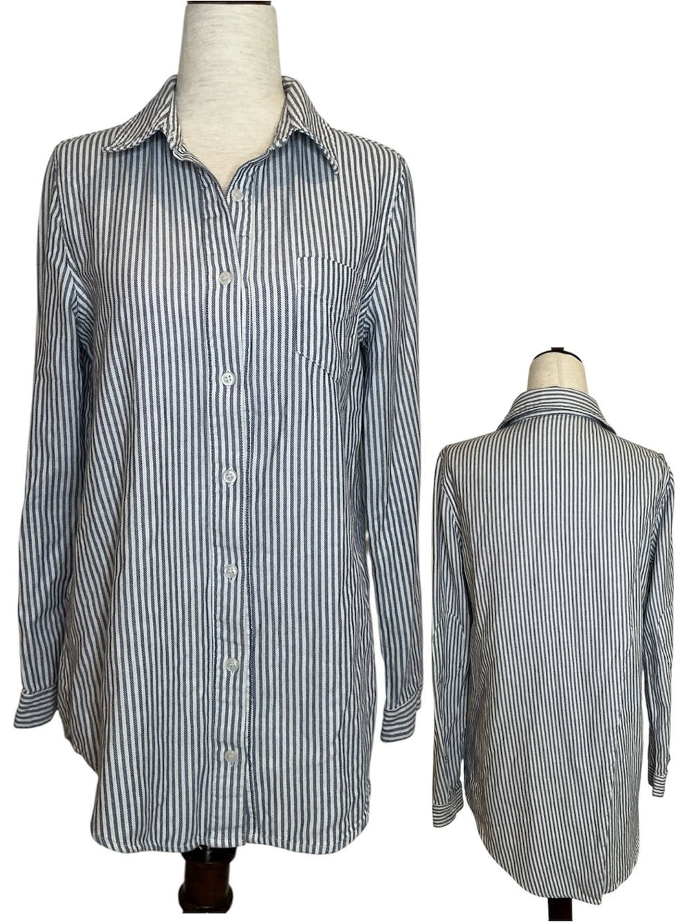 Legoe. Maternity Long Sleeve Button Down Striped Navy Shirt Split Back
